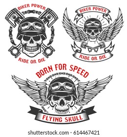 Born for speed. Set of biker skulls in helmets, with wings and pistons. Design elements for logo, label, emblem, sign. Vector illustration