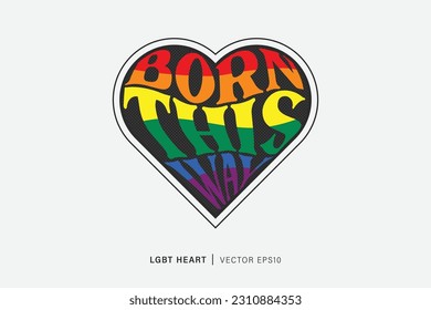Born this way text in heart shape, pride rainbow color theme, vector design