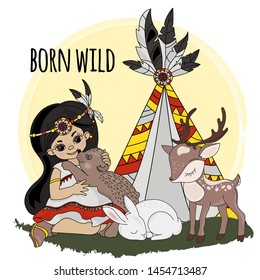 BORN WILD Pocahontas Indians Princess Vector Illustration Set