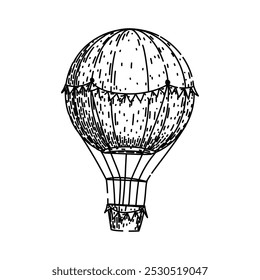 borne hot air balloon hand drawn. basket altitude, sunrise sunset, scenic festival borne hot air balloon vector sketch. isolated black illustration