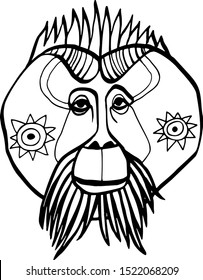 Bornean Orangutan face vector drawing. Line art illustration. Tattoo design. Tribal ethnic totem. Hand drawn artwork in graphic style, black and white.