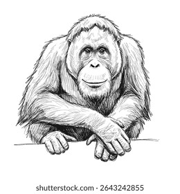 Bornean Orangutan – Pongo pygmaeus. Orangutan with gentle smile leans on surface with curiosity. Wildlife illustration concept