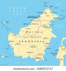 Borneo, divided among Malaysia, Brunei and Indonesia, political map. Third-largest island in the world and one of the Greater Sunda Islands, in the geographic centre of Maritime Southeast Asia. Vector