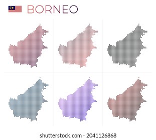 Mapa de puntos de Borneo. Mapa de Borneo en estilo punteado. Las fronteras de la isla están llenas de hermosos círculos de gradientes lisos. Increíble ilustración vectorial.