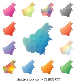 Borneo geometric polygonal, mosaic style island maps collection. Bright abstract tessellation, low poly style, modern design for your infographics or presentation.
