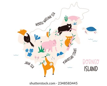 Borneo hand drawn map with funny animals. Cartoon illustration of Indonesian island. Travel poster, postcard, banner, design