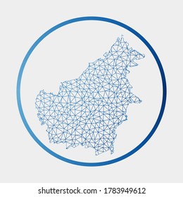 Borneo-Symbol. Netzwerkkarte der Insel. RundBorneo Schild mit Farbverlauf-Ring. Technologie, Internet, Netzwerk, Telekommunikationskonzept. Vektorgrafik.