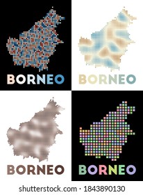 Mapa de Borneo. Colección del mapa de Borneo en estilo punteado. Las fronteras de la isla están llenas de rectángulos para tu diseño. Ilustración vectorial.