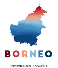 Borneo map. Map of the island with beautiful geometric waves in red and blue colors. Vivid Borneo shape. Vector illustration.