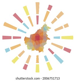 Borneo sunburst. Low poly striped rays and map of the island. Superb vector illustration.