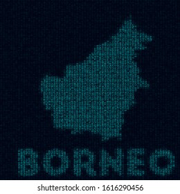 Borneo tech map. Island symbol in digital style. Cyber map of Borneo with island name. Vibrant vector illustration.