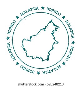 Borneo vector map. Retro vintage insignia with island map. Distressed travel stamp with Borneo text wrapped around a circle and stars. Borneo map vector illustration.