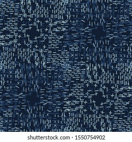 Boro Fabric Patch Kantha Vector Texture. Darning Embroidery Needlework Seamless Background. Indigo Blue Dye. Sashiko Running Stitch Pattern Textile Print. Japan Fashion Masculine Quilting Tile EPS 10