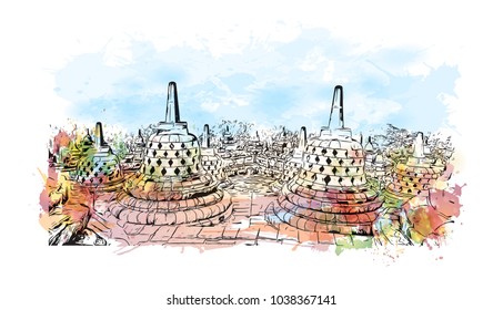 Borobudur or Barabudur is a 9th-century Mahayana Buddhist temple in Magelang, Central Java, Indonesia. Watercolor splash with Hand drawn sketch illustration in vector.