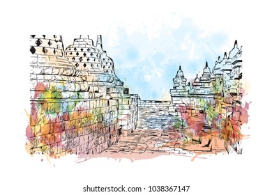 Borobudur or Barabudur is a 9th-century Mahayana Buddhist temple in Magelang, Central Java, Indonesia. Watercolor splash with Hand drawn sketch illustration in vector.