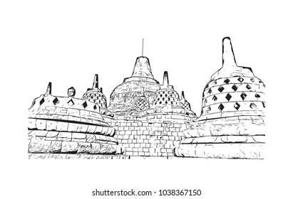 Borobudur or Barabudur is a 9th-century Mahayana Buddhist temple in Magelang, Central Java, Indonesia. Hand drawn sketch illustration in vector.