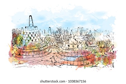 Borobudur or Barabudur is a 9th-century Mahayana Buddhist temple in Magelang, Central Java, Indonesia. Watercolor splash with Hand drawn sketch illustration in vector.
