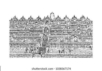 Borobudur or Barabudur is a 9th-century Mahayana Buddhist temple in Magelang, Central Java, Indonesia. Hand drawn sketch illustration in vector.