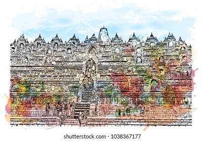 Borobudur or Barabudur is a 9th-century Mahayana Buddhist temple in Magelang, Central Java, Indonesia. Watercolor splash with Hand drawn sketch illustration in vector.