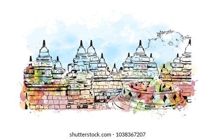 Borobudur or Barabudur is a 9th-century Mahayana Buddhist temple in Magelang, Central Java, Indonesia. Watercolor splash with Hand drawn sketch illustration in vector.