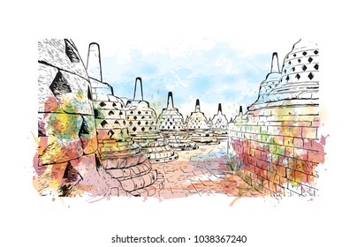 Borobudur or Barabudur is a 9th-century Mahayana Buddhist temple in Magelang, Central Java, Indonesia. Watercolor splash with Hand drawn sketch illustration in vector.