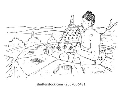 borobudur temple and buda or budha statue, simple vector outline hand draw sketch