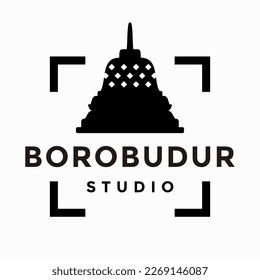 borobudur temple with focus square lens frame logo design template vector