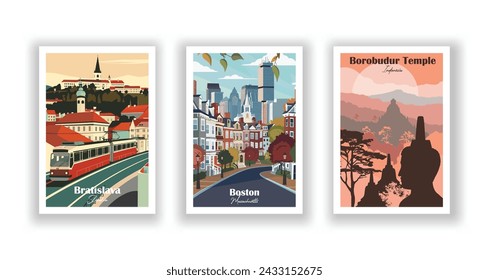 Templo Borobudur, Indonesia. Boston, Massachusetts. Bratislava, Eslovaquia - Set de 3 Carteles de Viajes Vintage. Ilustración vectorial. Impresiones de alta calidad