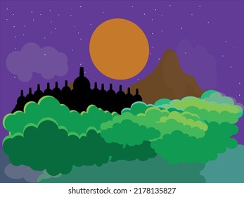 Borobudur temple on a full moon night in summer, a vector work set in a cultural heritage site in Magelang Regency, Central Java, Indonesia