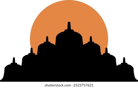 Borobudur Temple Sunset Silhouette Vector Illustration. Cultural Buddha Temple in Indonesia. Element for Tourism, Traveling, Cultural and Holiday theme.