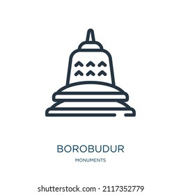 icono de línea delgada borobudur. construcción, emblema de iconos lineales del concepto de monumentos signo de contorno aislado. Elemento de símbolo de ilustración vectorial para diseño web y aplicaciones.