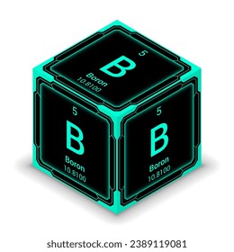 Boron (B) (005) - Fundamental Element Futuristic Cybernetic Cube Block Isometric View, Icon Isolated White Background, Periodic Table, Chemical Symbol, Name, Atomic Mass, Atomic Number
