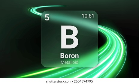 Boron (B) (005) Metalloid, Glass Morphism Element Futuristic Neon Light Glow Background Periodic Table, Chemical Symbol, Name, Atomic Mass, Atomic Number, Vector Illustration