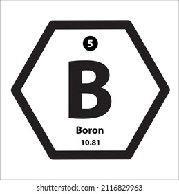 Boron (B) chemical element icon hexagon shape black border white background. It is an element on periodic table with symbol B and atomic number 5 hard and brittle. It is important mineral in science. 