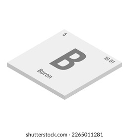 Boron, B, 3D gris ilustración isométrica del elemento de tabla periódica con nombre, símbolo, número atómico y peso. Metaloidales con diversos usos industriales, como la fibra de vidrio, la cerámica y la