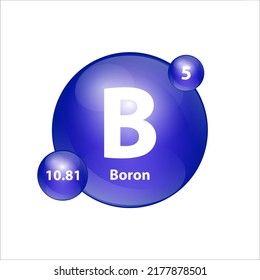 Estructura del icono del boro (B) elemento químico forma redonda círculo azul oscuro. Vector de ilustración 3D. Elemento químico de la tabla periódica Signo con número atómico. Estudio en ciencia para la educación. 