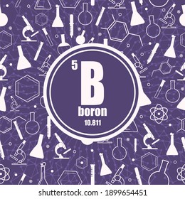 Elemento químico de boro. Firma con número atómico y peso atómico. Elemento químico del cuadro periódico. Líneas conectadas con puntos. Círculo con iconos.