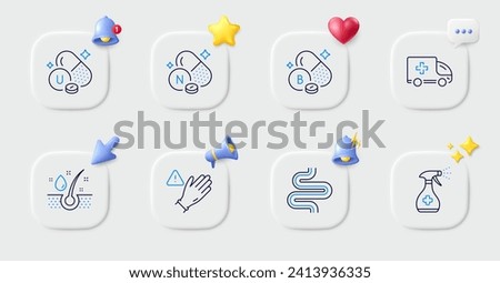 Boron mineral, Vitamin u and Serum oil line icons. Buttons with 3d bell, chat speech, cursor. Pack of Intestine, Vitamin n, Ambulance emergency icon. Use gloves, Medical cleaning pictogram. Vector Stock foto © 