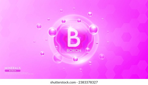 Minerales de boro dentro de una burbuja rosa flotando en el aire. Complemento esencial del complejo de vitaminas para la atención de la salud. Para nutrición alimentaria y medicina. Concepto científico médico. Vector 3D del cartel.