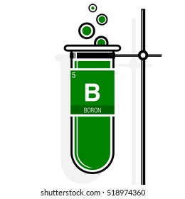 Boron symbol on label in a green test tube with holder. Element number 5 of the Periodic Table of the Elements - Chemistry