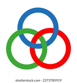 Anillos de Borromeo. Tres simples curvas cerradas. Tres círculos intersectados de colores, anillos. Ilustración vectorial. EPS 10.