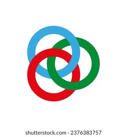 Borromean rings. Three simple closed curves. Three colored intersecting circles, rings. Vector illustration.