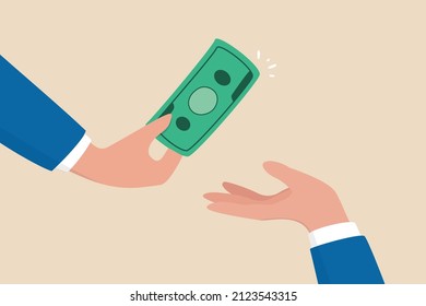 Borrow money from friend, debt and loan, incentive or bonus payment, credit or lending concept, businessman hand giving money banknote to friend's hand.