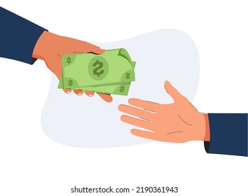 Borrow money from friend, debt and loan, incentive or bonus payment, credit or lending concept, businessman hand giving money banknote to friend's hand. The boss pays the employee a salary. Dollars