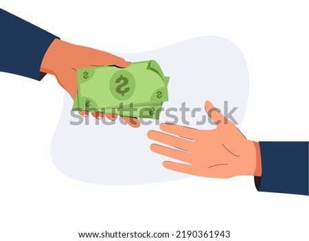 Borrow money from friend, debt and loan, incentive or bonus payment, credit or lending concept, businessman hand giving money banknote to friend's hand. The boss pays the employee a salary. Dollars
