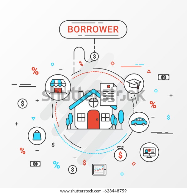 Borrower info graphics design concept. Flat line\
vector image about the loan shopping, education, trading, home loan\
and more.