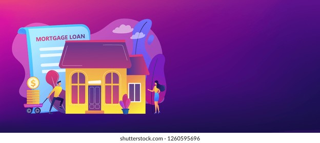 Borrower making mortgage payment for real estate and mortgage loan agreement. Mortgage loan, home bank credit, real estate services concept. Header or footer banner template with copy space.