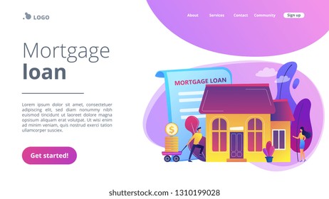 Borrower making mortgage payment for real estate and mortgage loan agreement. Mortgage loan, home bank credit, real estate services concept. Website vibrant violet landing web page template.