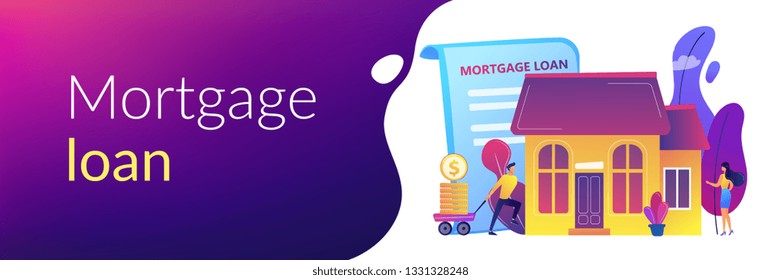 Borrower making mortgage payment for real estate and mortgage loan agreement. Mortgage loan, home bank credit, real estate services concept. Header or footer banner template with copy space.