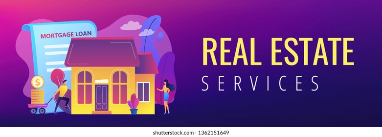 Borrower making mortgage payment for real estate and mortgage loan agreement. Mortgage loan, home bank credit, real estate services concept. Header or footer banner template with copy space.